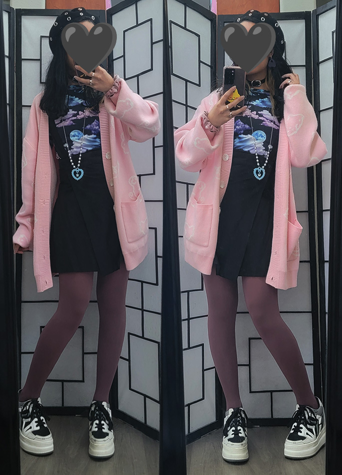 A black and pastel outfit featuring a nighttime sky top, oversized pink cardigan, and purple tights.