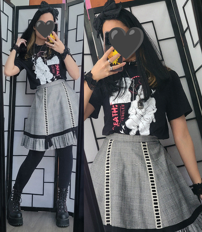 A black and white casual lolita coordinate featuring a graphic shirt and an oldschool houndstooth A-line skirt.