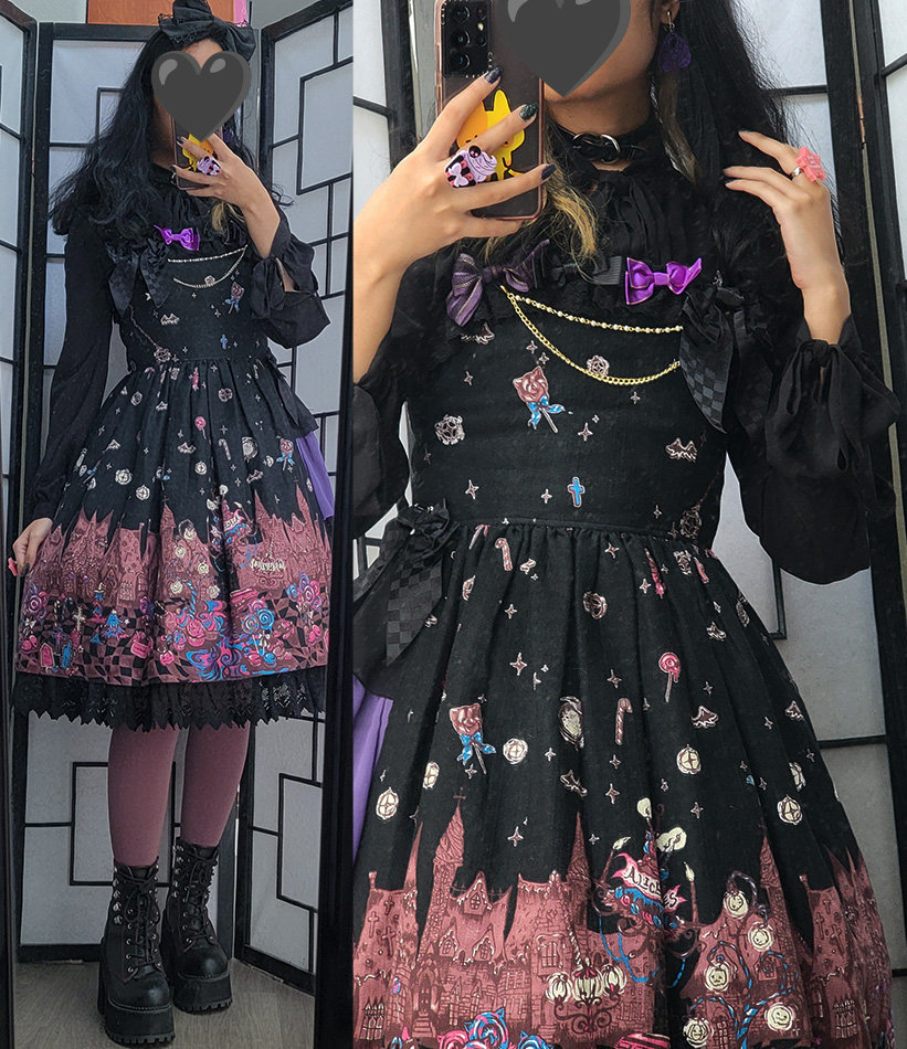 A black, mauve, and purple gothic lolita fashion coordinate featuring a halloween print dress.