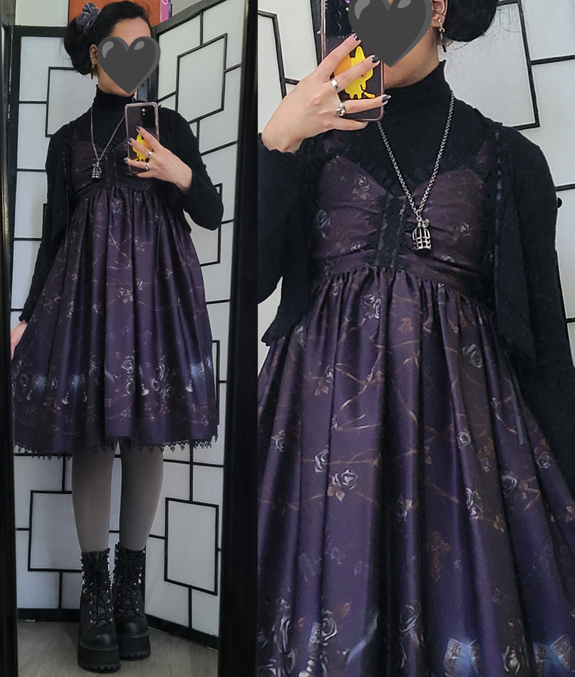 A black and dark purple gothic lolita coordinate featuring a dress with an elegant rose print.