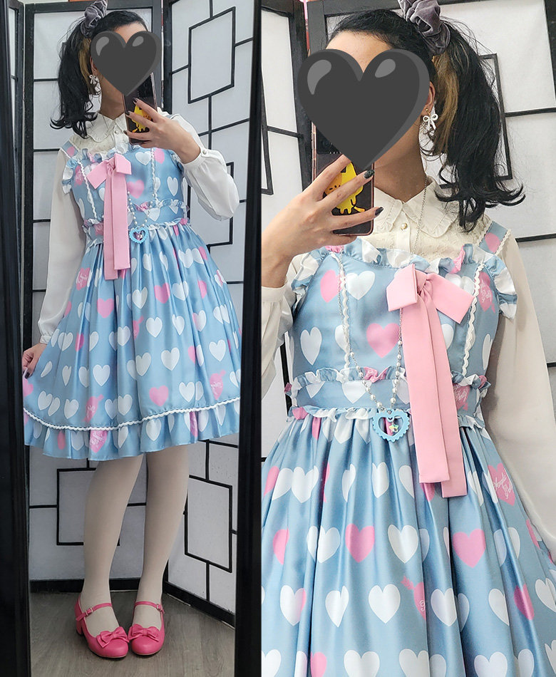 A pastel blue, pink, and white lolita fashion coordinate featuring a heart print dress and pink tea party shoes.