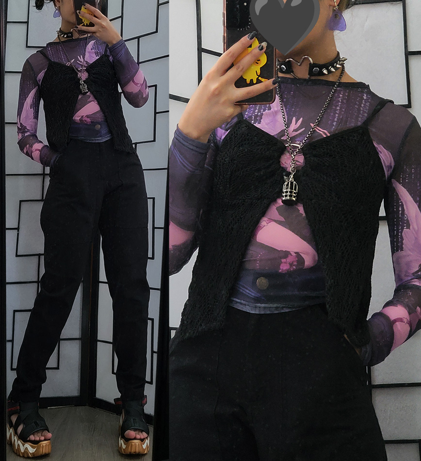 A casual black and purple outfit featuring a mesh top with a purple cyberpunk print.