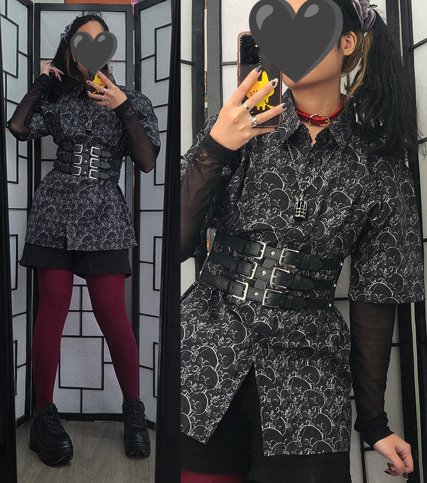 A casual black and dark red outfit featuring and oversized button up with an all-over skull print.