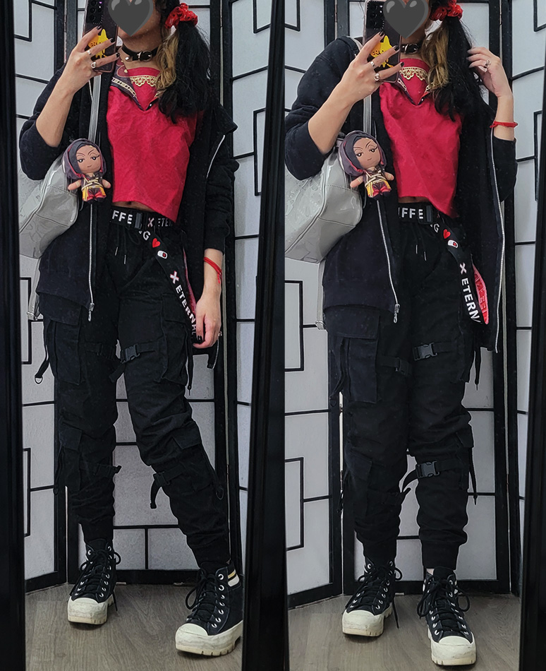 A red and black outfit featuring a red sailor collar top and techwear cargo pants 