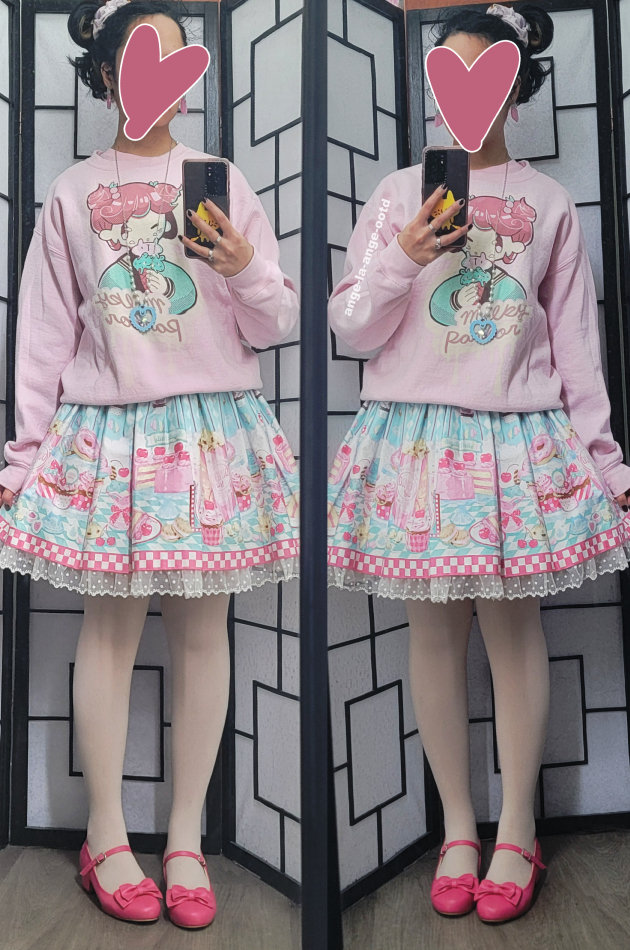 A pink and pastel blue sweet lolita coordinate featuring a diner print skirt.