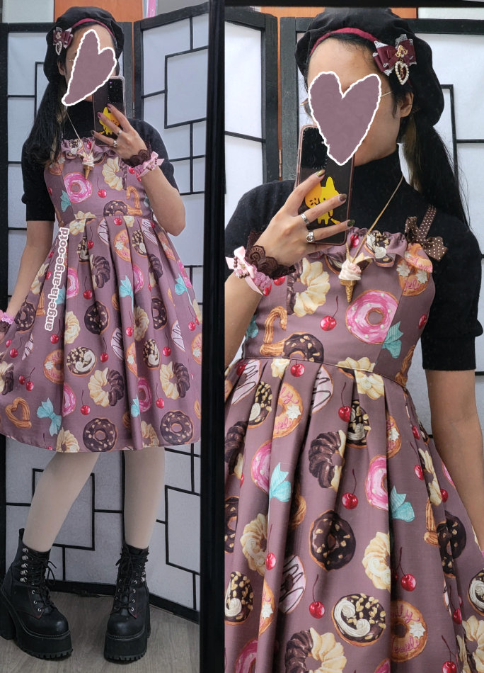 A mauve donut print dress paired with sweet accessories and a simple black turtleneck, off-white tights, and black boots.