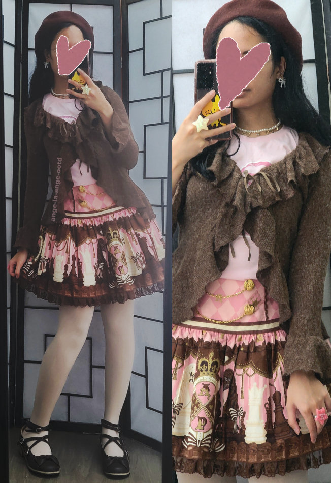 A pink and chocolate brown lolita fashion coordinate featuring a chess print skirt.