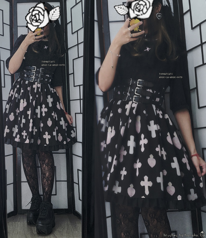 A casual black and pastel lolita coordinate with dark girly styling elements