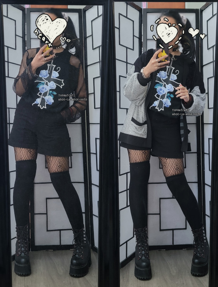 A casual dark fashion outfit featuring a mesh longsleeve shirt with a gothic illustration of a cross with roses.