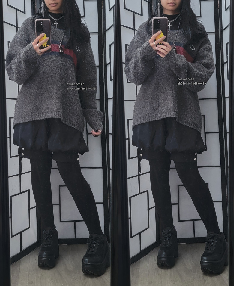 A casual black dark grey outfit featuring an oversized 90s style sweater and ouji pants.