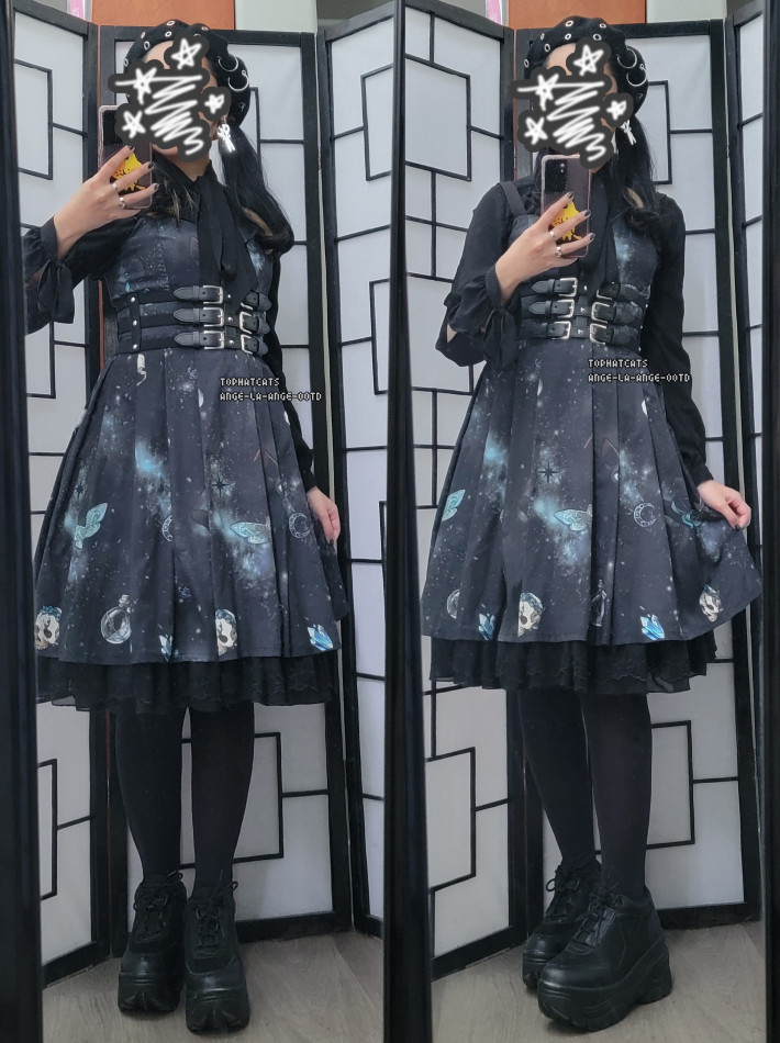 A black and dark grey lolita coordinate featuring a space witch print galaxy dress.