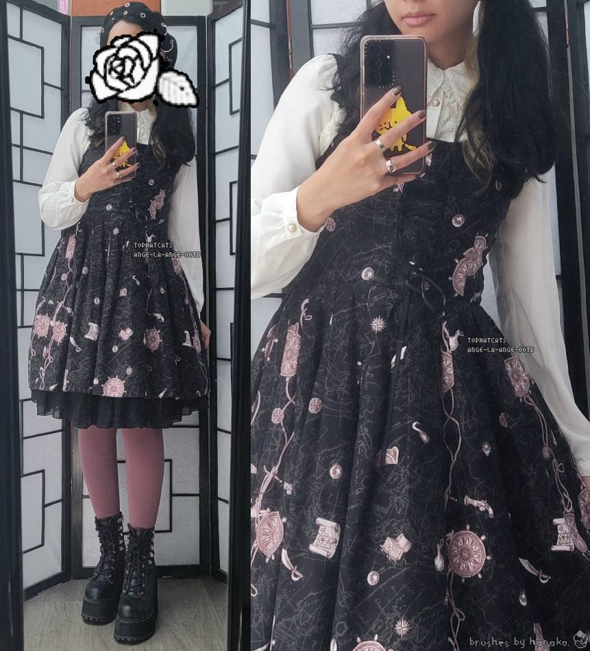 A classic lolita coordinate featuring a black jumperskirt with a pirate map print.