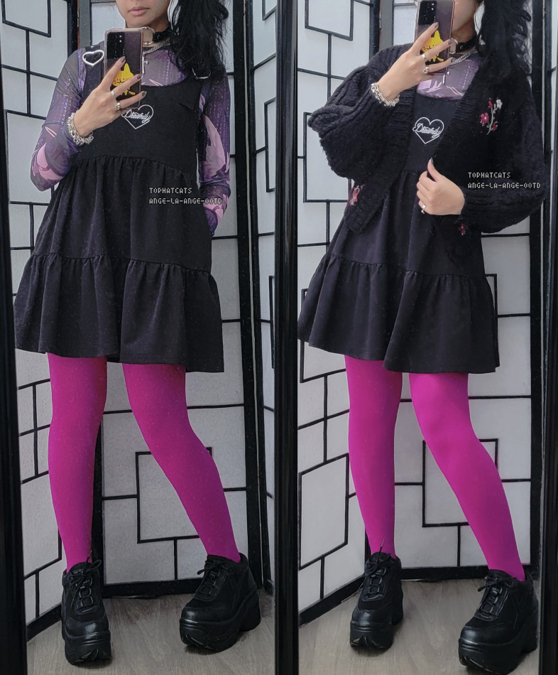 A black, purple, and hot pink outfit featuring a black tired dress.