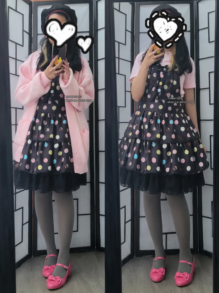 A casual bittersweet lolita coordinate featuring a chocolate candy polka dot print dress.