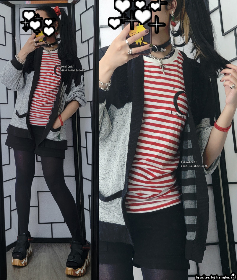 A casual black and red outfit featuring a stripe shirt, melt design cardigan, shorts, and black tights paired with platform sandals.