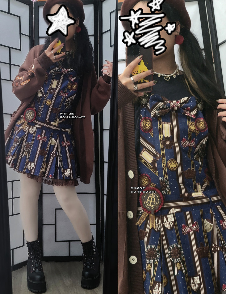 A chocolate and bakery themed lolita fashion coordinate featuring a navy salopette and oversized brown cardigan.