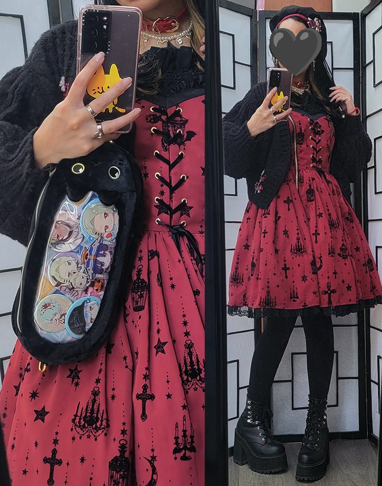 A red and black EGL coordinate featuring Angelic Pretty's Holy Lantern JSK and a black cat itabag with mostly otome character buttons