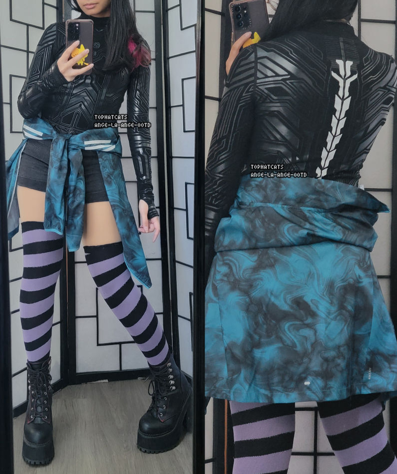 A black, teal, and lavender cyberpunk style outfit featuring an intricate futuristic black bodysuit