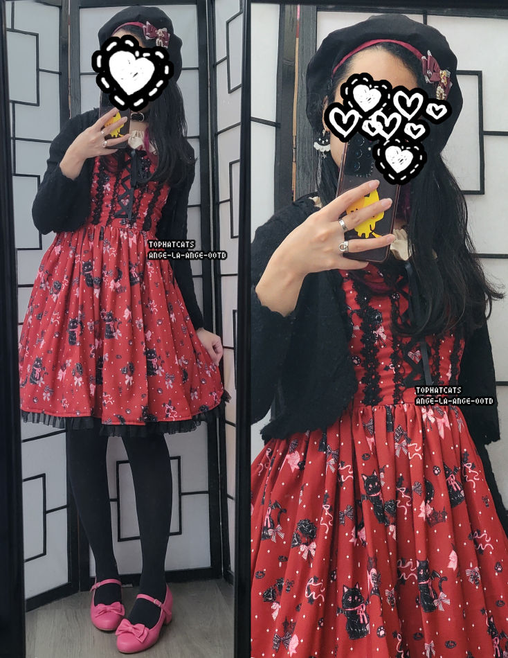 A red, black, and hot pink lolita fashion coordinate featuring a red jumperskirt with a gothic cat print.