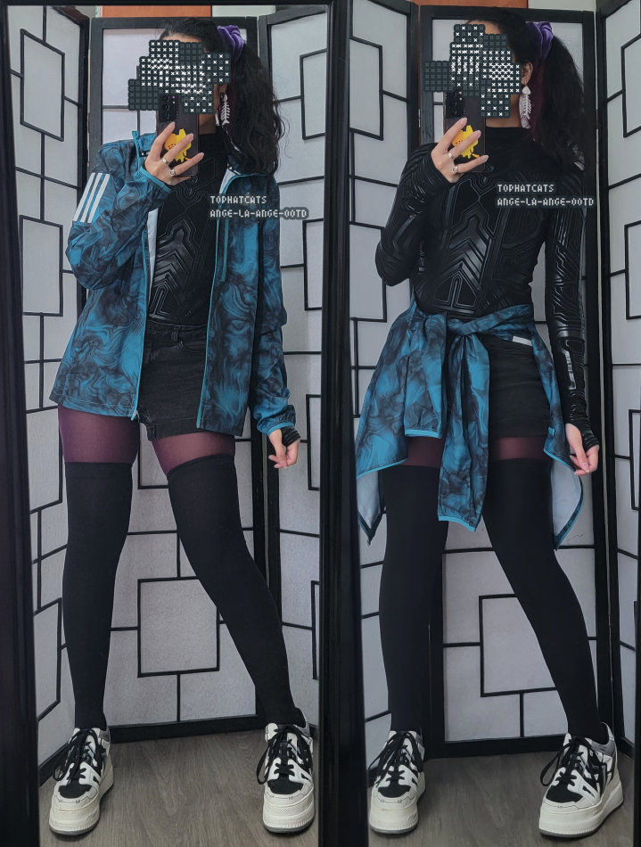 A black, teal, and dark purple cyberpunk style outfit featuring an intricate futuristic black bodysuit