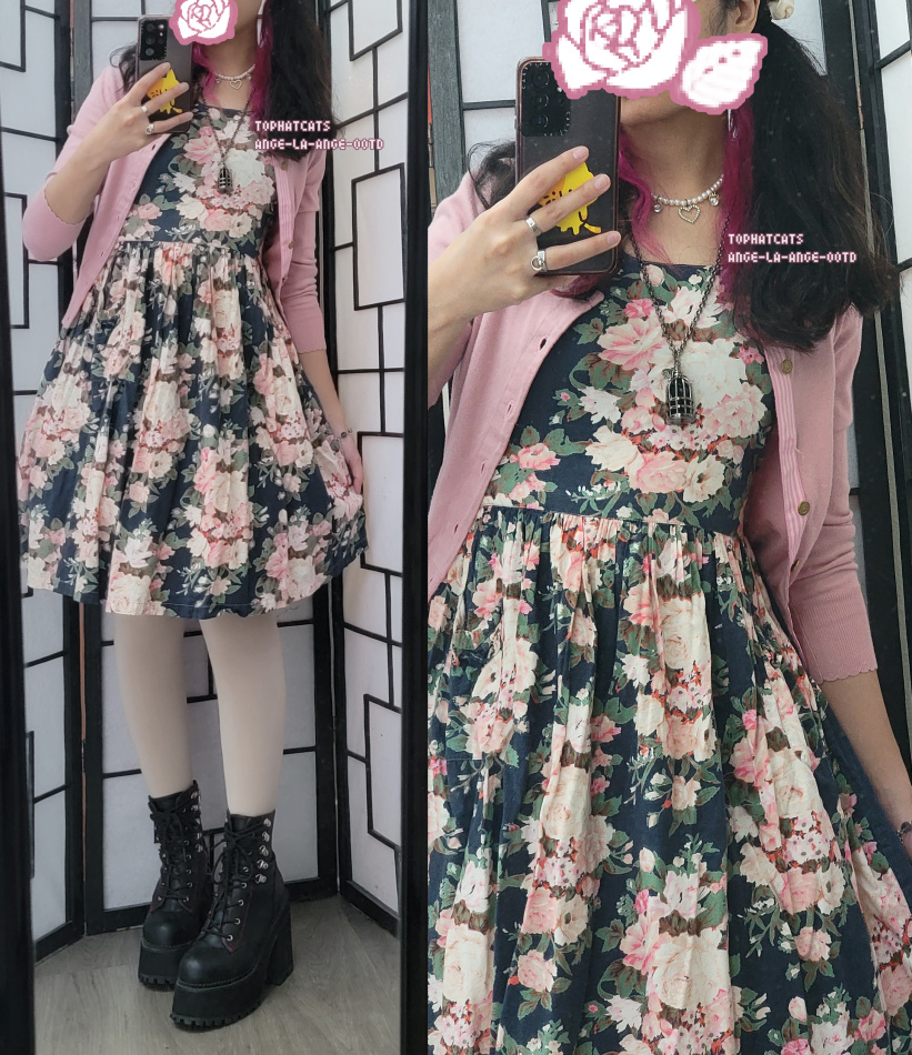 A casual pink, green, and navy floral print dress paired with a pink cardigan.