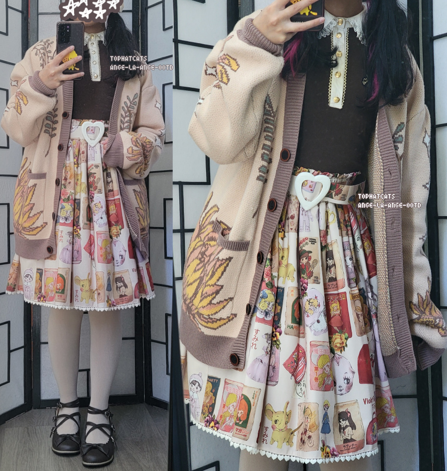 A beige, brown, and red lolita fashion coordinate featuring an oversized cardigan and vintage themed print skirt
