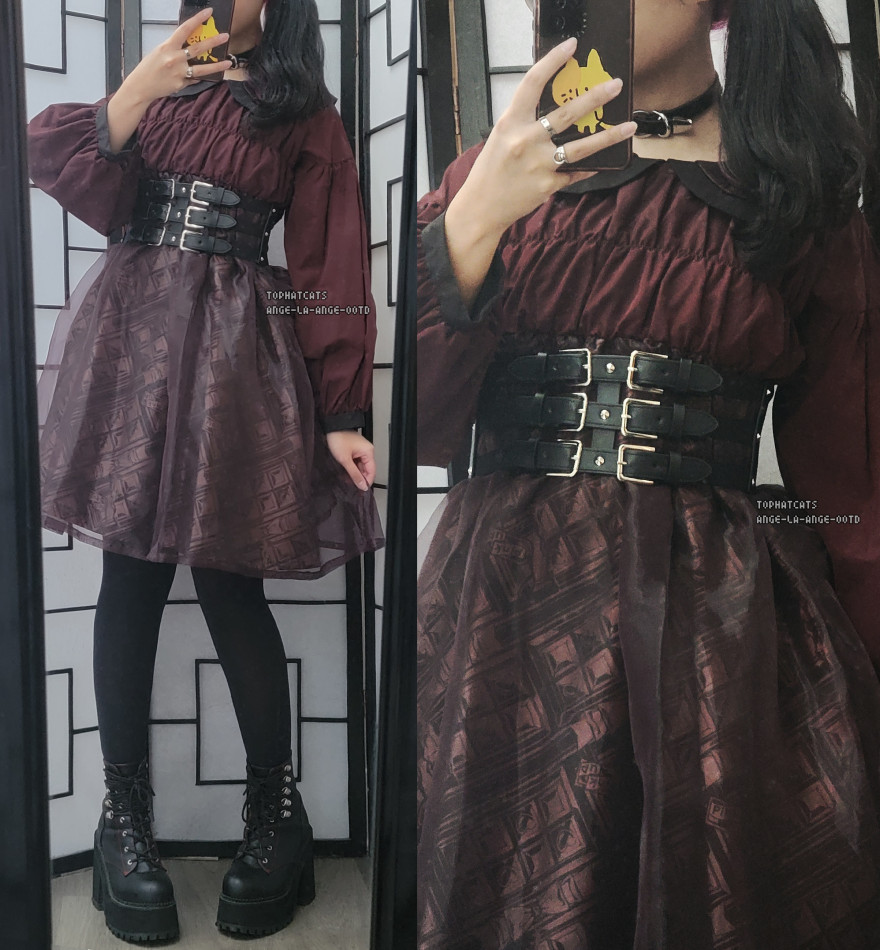 casual coordinate of a ruby dark chocolate bar print