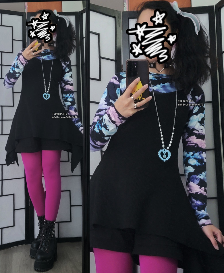 A casual outfit featuring a pastel night sky print shirt, black minidress paired with black shorts, and hot pink tights.