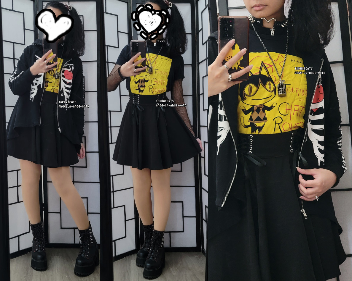 A black dark fashion outfit featuring an Animal Crossing shirt, black skirt, and skeleton print jacket.