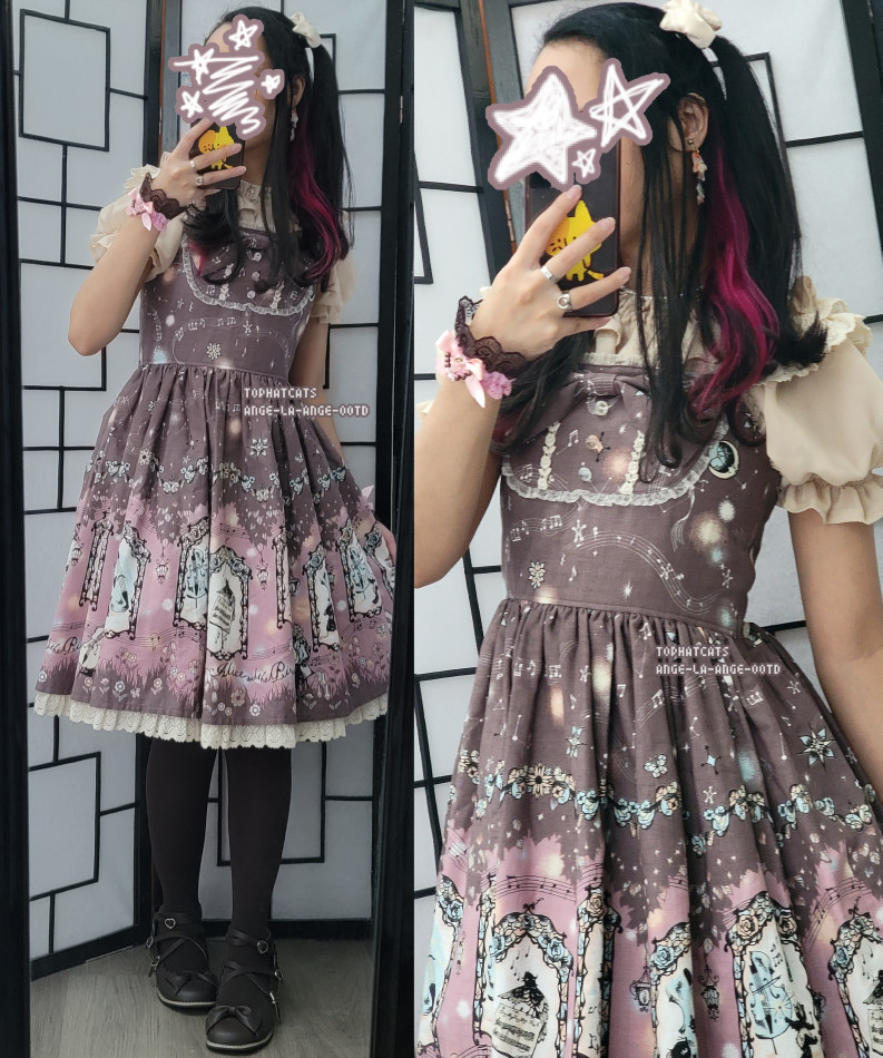 mauve, ivory, and brown lolita fashion coordinate featuring a dress print of animals playing musical instruments