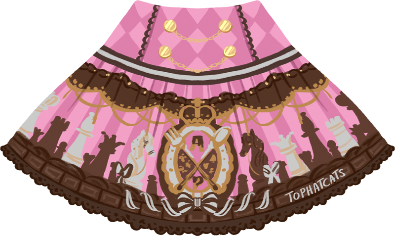 A pink, brown, and ivory dress with chocolate themed chess pieces.