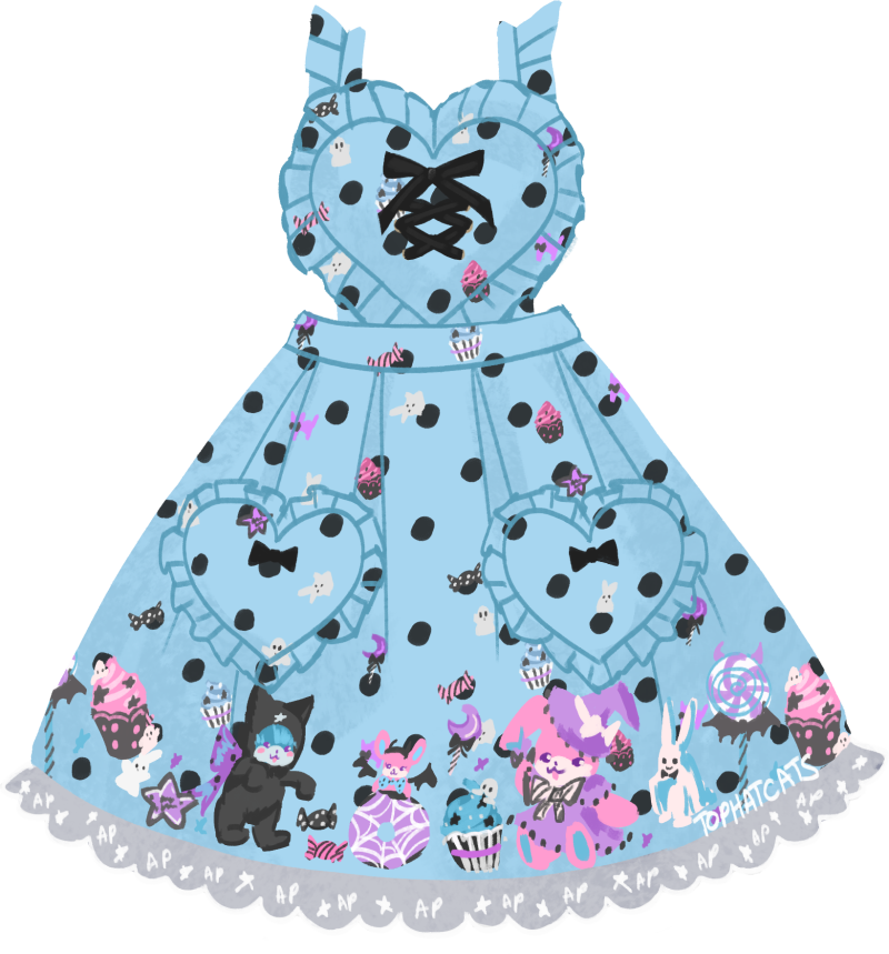 A cute apron-style pastel blue skirt with spooky sweets and plush mascots dressed for halloween.