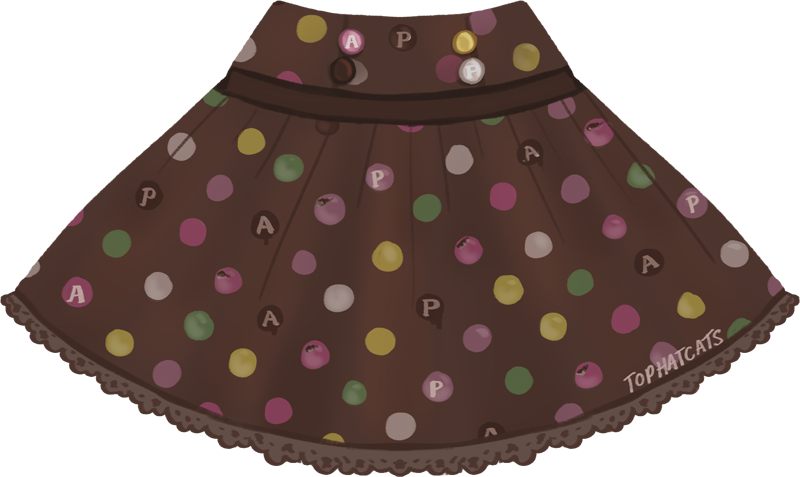 Simple chocolate candy print low waisted skirt with colorful accent buttons at the top.