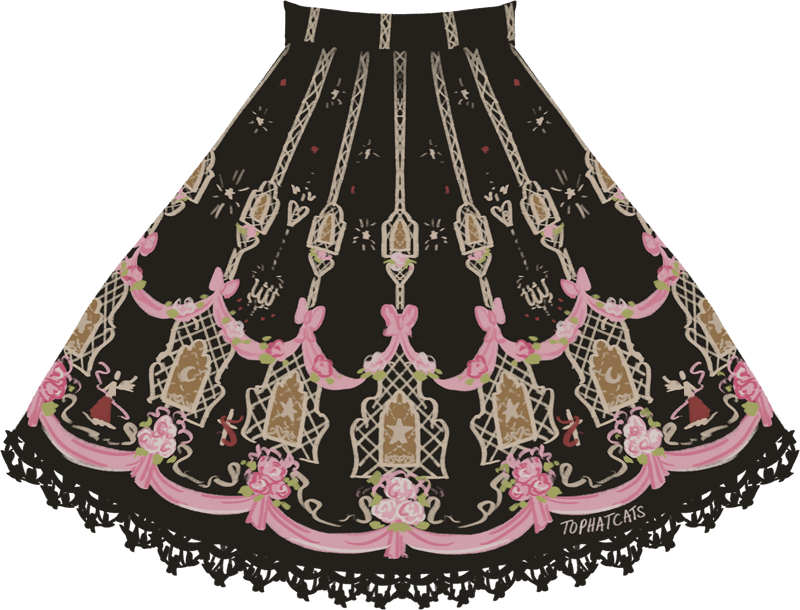 High waisted black, ivory, and pink skirt with a gorgeous window print with floral accents and angel/star motifs.