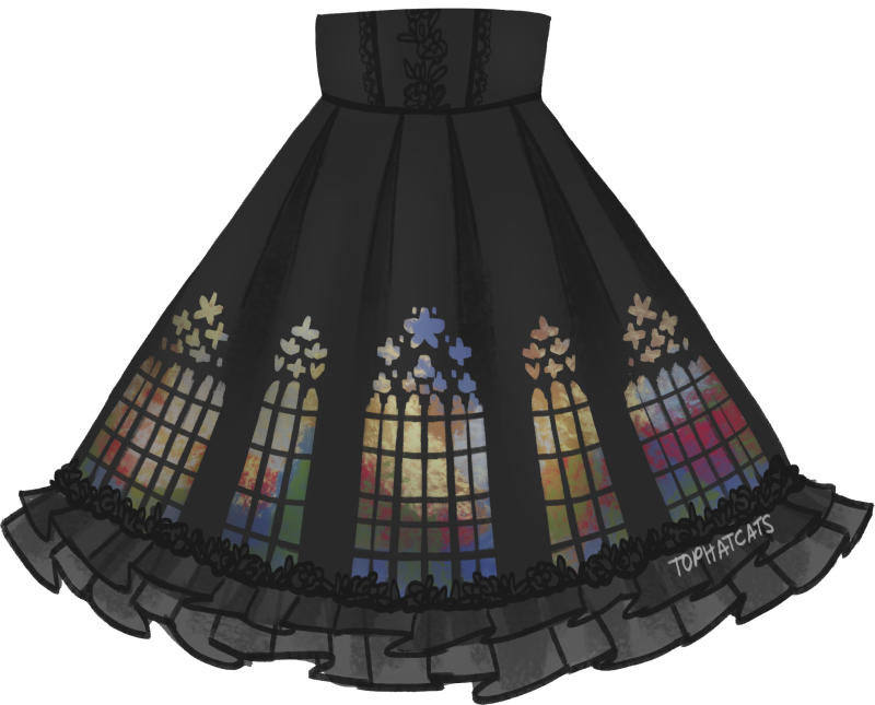 A black high-waisted skirt with the Saint Vitus stained glass windows as the border print