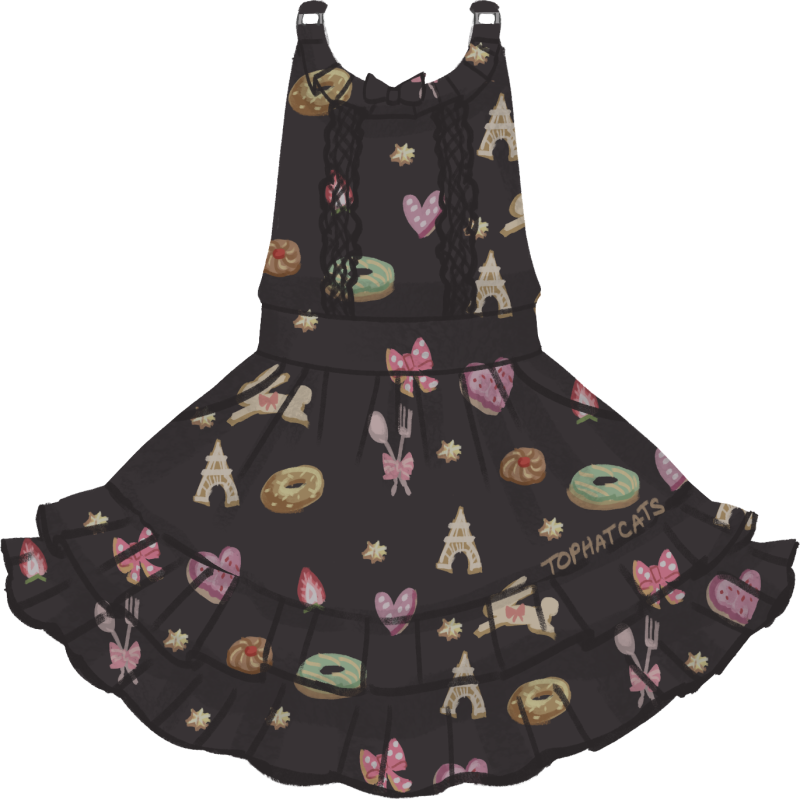 A black salopette dress with sweets and tea time treats in an all-over-print style