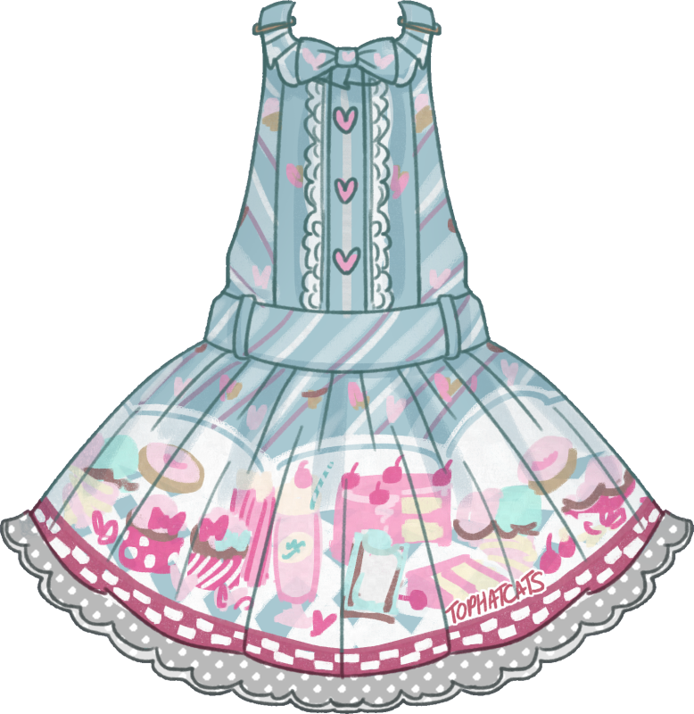 A saxe, pink, and white salopette dress with extremely cute diner sweets and drinks.