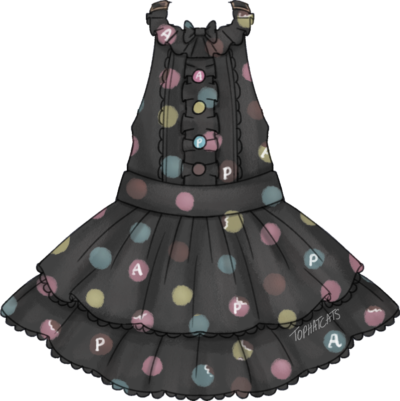 A black salopette dress with pastel chocolate candies arranged in a polka dot pattern