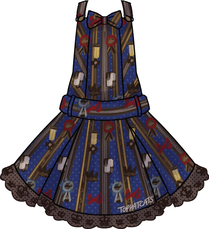 A navy and brown salopette dress with chocolate crowns, ribbons, bows, and rosettes.