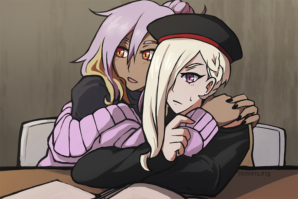 An illustration of Bastia and Beth in their casual ouutfits sitting together. Bastia has their arms around Beth's shoulders while whispering something not very subtly. 