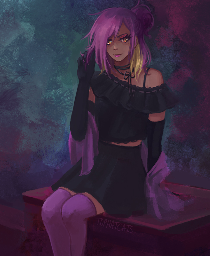 A painterly portrait of Bastia in a black and purple outfit against a dark background.