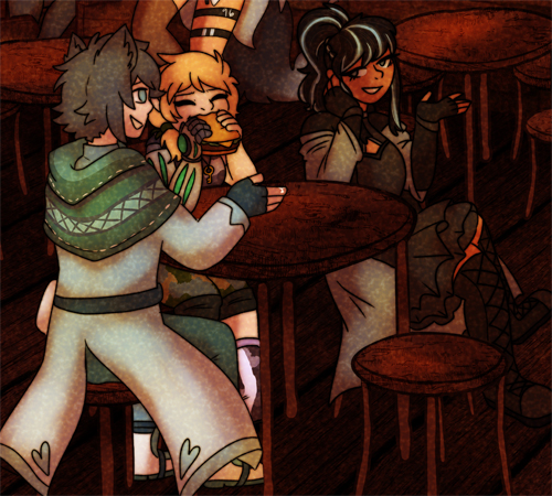 Cropped illustration of Accelera, chatting with two other Tales of Series OCs at a tavern.
