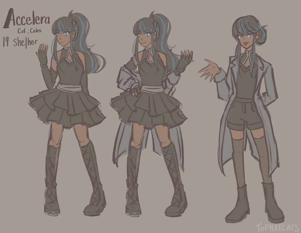 Full body character reference sheet with three different rpg styled outfit variations.