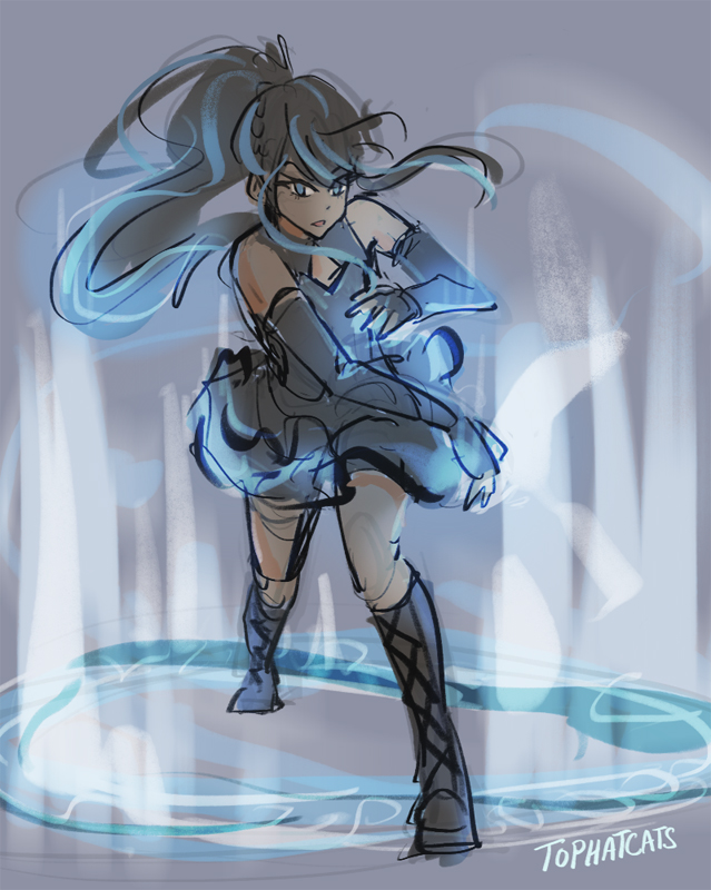 Accelera charges up an ice spell with blue energy glowing from a circle at her feet.