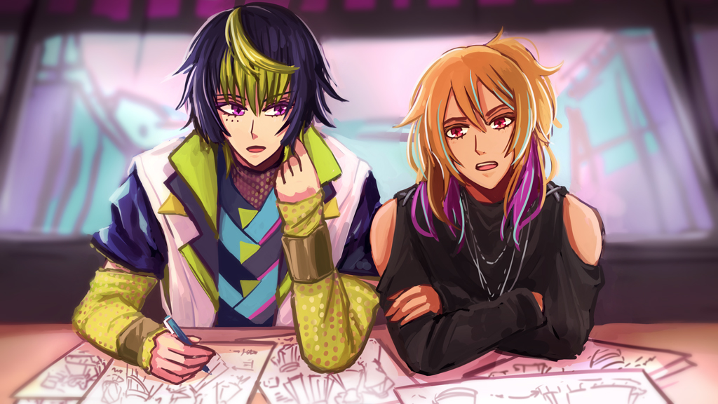 A visual novel CG style illustration of Ryuki and Cy discussing several pages of fashion designs that are spread across a table.