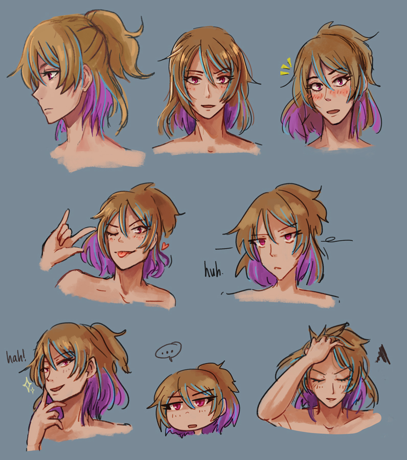 An old expression sheet of Cy in a semi-painted sketch style.