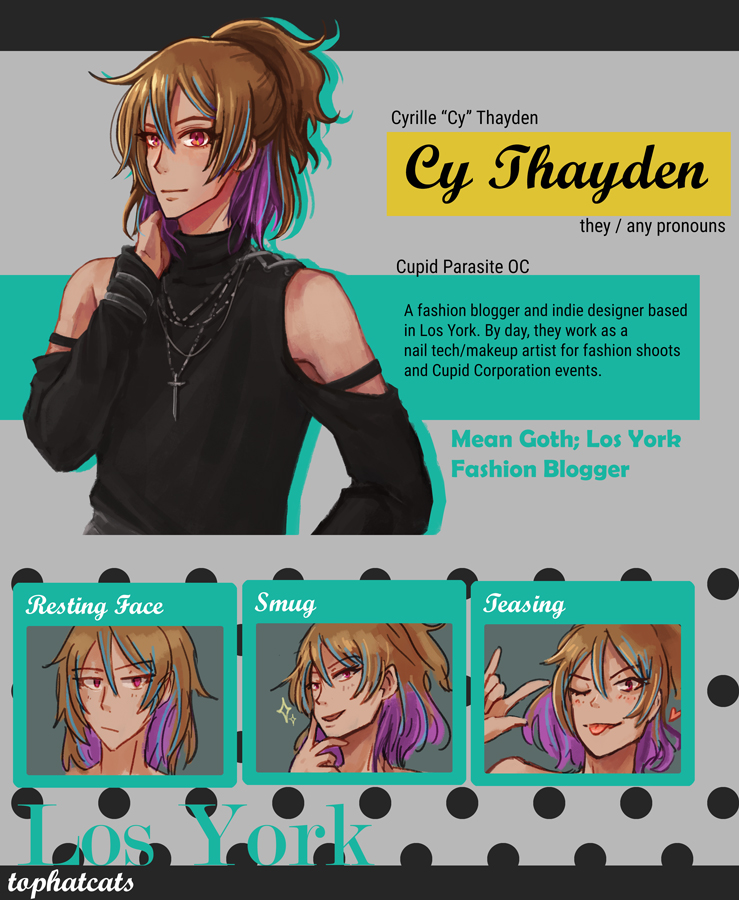 A profile page of Cy in the style of Cupid Parsite’s official guidebook. Included is a game-style sprite and three expression sketches.