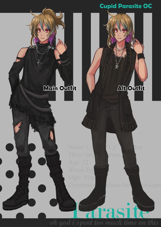 Two full body illustrations of Cy’s typical outfits. They typically wear gothic fashion in all black with some silver toned accessories.