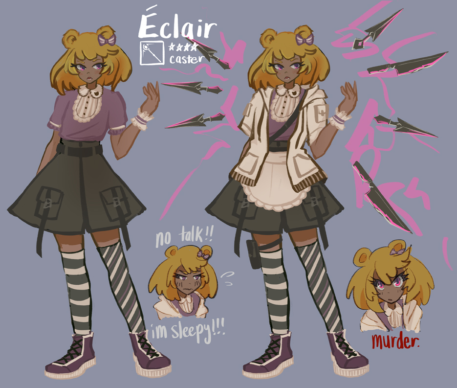 A reference sheet of Eclair's design with expression doodles and her basic operator info.
