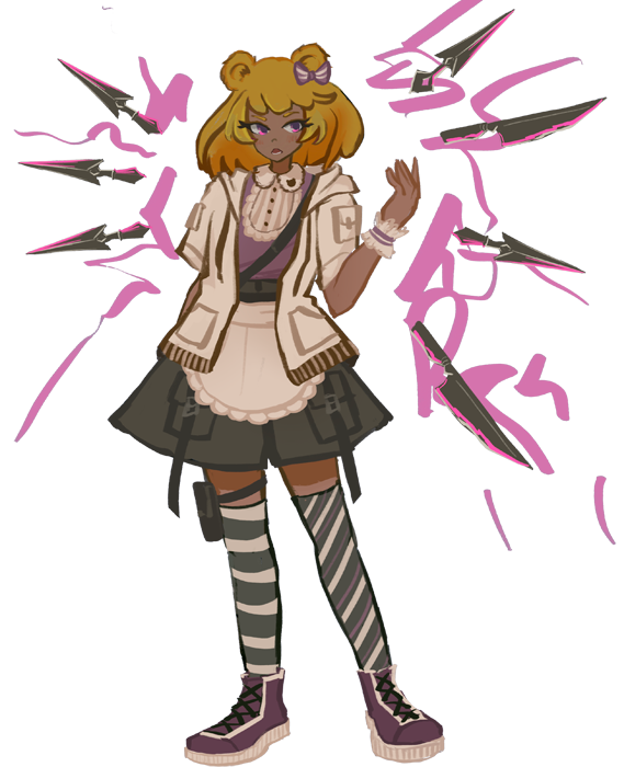 An illustration of Eclair with a nonchalant expression, wielding several floating knives.